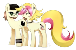 Size: 2125x1413 | Tagged: safe, artist:haydee, derpibooru import, oc, oc:peach palette, oc:sifi, unofficial characters only, earth pony, pony, unicorn, couple, earring, female, flat cap, hat, male, mare, necklace, simple background, stallion, transparent, transparent background