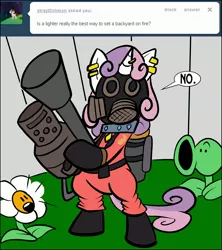 Size: 2400x2700 | Tagged: safe, artist:pembroke, derpibooru import, sweetie belle, pony, bipedal, flamethrower, meanie belle, peashooter, plants vs zombies, pyro, pyro belle, sunflower, team fortress 2, tumblr, weapon