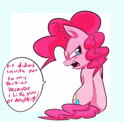 Size: 1157x1144 | Tagged: safe, anonymous artist, derpibooru import, pinkie pie, back, blushing, cute, dialogue, diapinkes, image, open mouth, png, sitting, solo, speech bubble, tsundere, tsundere pie