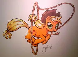 Size: 974x720 | Tagged: applejack, artist:yamino, derpibooru import, lasso, looking at you, mouth hold, photo, safe, solo, traditional art