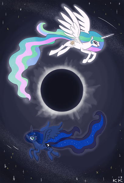 Size: 1280x1885 | Tagged: artist:king-kakapo, contrast, cute, derpibooru import, eclipse, flying, happy, missing accessory, open mouth, princess celestia, princess luna, safe, smiling, solar eclipse, spread wings