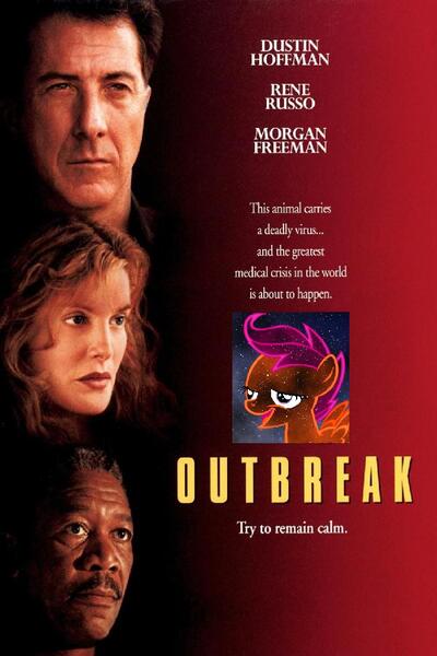 Size: 698x1048 | Tagged: chickun, derpibooru import, dustin hoffman, exploitable meme, forced meme, morgan freeman, movie, movie poster, outbreak, rene russo, safe, scootaloo