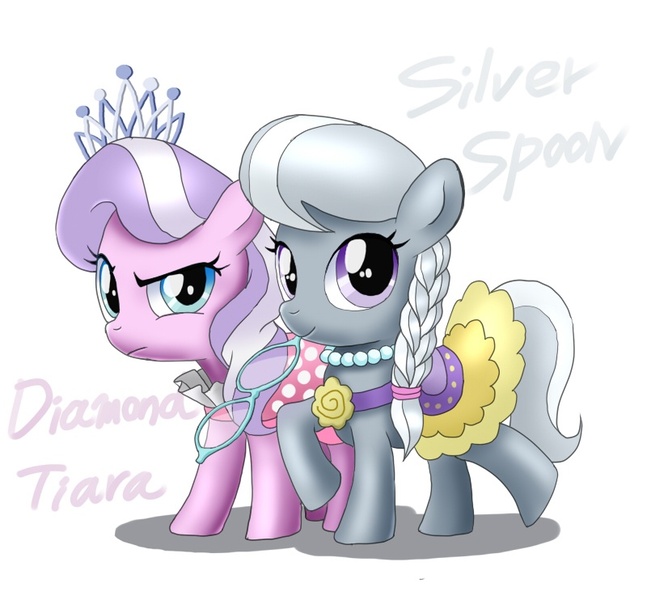 Size: 800x742 | Tagged: artist:orca, clothes, derpibooru import, diamond tiara, dress, pixiv, safe, silver spoon