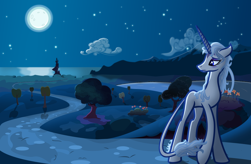 Size: 5000x3269 | Tagged: safe, artist:astralmelodia, deleted from derpibooru, derpibooru import, ponified, classical unicorn, unicorn, absurd resolution, amalthea, cloud, female, full moon, leonine tail, mare, moon, night, solo, the last unicorn, tree