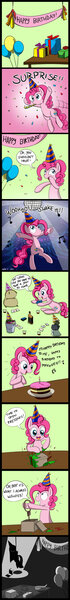 Size: 304x2617 | Tagged: grimdark, artist:mcsadat, derpibooru import, madame le flour, mr. turnip, pinkie pie, rocky, earth pony, pony, party of one, alcohol, bacon asylum, bad end, bait and switch, balloon, birthday, cake, comic, confetti, cute, dark comedy, death, disco, food, forever alone, grimcute, grin, hanging, hanging (by neck), happy birthday to me, hat, hoof hold, mood whiplash, music notes, noose, open mouth, parody, party hat, party horn, pinkamena diane pie, present, singing, sitting, smiling, solo, suicide, that escalated quickly, wide eyes