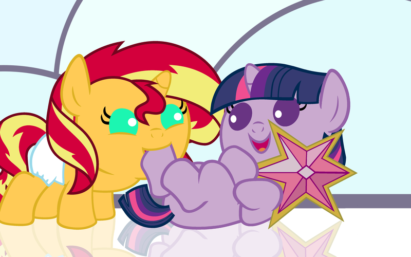 Size: 4000x2500 | Tagged: safe, artist:beavernator, derpibooru import, sunset shimmer, twilight sparkle, pony, unicorn, baby, baby pony, babylight sparkle, babyset shimmer, beavernator is trying to murder us, beavernator you magnificent bastard, cute, diabetes, diaper, element of magic, female, filly, foal, hoof licking, open mouth, shimmerbetes, twiabetes, younger