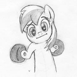 Size: 1000x1000 | Tagged: safe, artist:asai-gomen, derpibooru import, oc, oc:wheely bopper, unofficial characters only, original species, wheelpone, grayscale, looking at you, monochrome, shrug, shrugpony, sketch, smiling, smirk, solo, traditional art, wheel