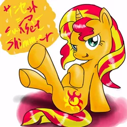 Size: 500x500 | Tagged: safe, artist:wonton soup, derpibooru import, sunset shimmer, pony, japanese, looking at you, pixiv, sitting, solo