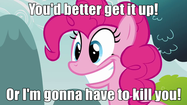 Size: 640x360 | Tagged: safe, derpibooru import, edit, edited screencap, screencap, pinkie pie, earth pony, pony, too many pinkie pies, blade runner, female, image macro, mare, pinkie tyrone, smiling, solo