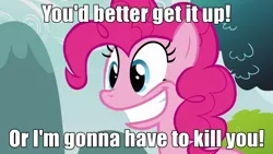 Size: 640x360 | Tagged: safe, derpibooru import, edit, edited screencap, screencap, pinkie pie, earth pony, pony, too many pinkie pies, blade runner, female, image macro, mare, pinkie tyrone, smiling, solo