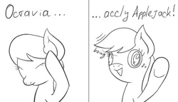 Size: 1400x800 | Tagged: applejack, artist:fantasyglow, chuck testa, comic, derpibooru import, dialogue, monochrome, octavia melody, safe