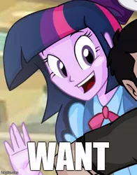 Size: 452x578 | Tagged: safe, artist:wolfjedisamuel, derpibooru import, edit, twilight sparkle, equestria girls, against glass, disturbing the force meme, glass, happy, image macro, smiling, want