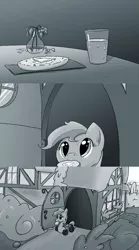 Size: 500x900 | Tagged: artist:rainbowvan45, bread, breakfast, butter, comic, derpibooru import, flower, glass, house, meal, monochrome, morning, mouth hold, oc, oc:wheely bopper, original species, petals, saddle bag, safe, unofficial characters only, vase, wheelpone