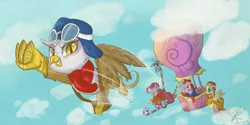 Size: 1024x512 | Tagged: dead source, safe, artist:lolepopenon, derpibooru import, fluttershy, gilda, pinkie pie, twilight sparkle, gryphon, clothes, crossover, dastardly and muttley in their flying machines, dick dastardly, flying, flying contraption, hot air balloon, parody, yankee doodle pigeon