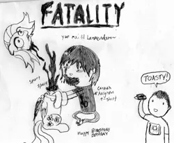 Size: 1866x1536 | Tagged: artist:sasukex125, birthday card, blood, dan forden, death, decapitated, decapitation, derpibooru import, fatality, fluttershy, grimdark, hater, monochrome, mortal kombat, severed head, toasty, traditional art, wide eyes