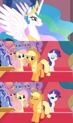 Size: 1920x3240 | Tagged: safe, derpibooru import, screencap, applejack, cherry berry, derpy hooves, fluttershy, linky, lyra heartstrings, minuette, princess celestia, rarity, shoeshine, alicorn, earth pony, pegasus, pony, unicorn, the return of harmony, han solo, princess leia, star wars, underp, wink