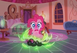 Size: 675x464 | Tagged: artist:surgicalarts, blushing, changeling, derpibooru import, female, pinkie pie, safe, solo, thepinkling, transformation