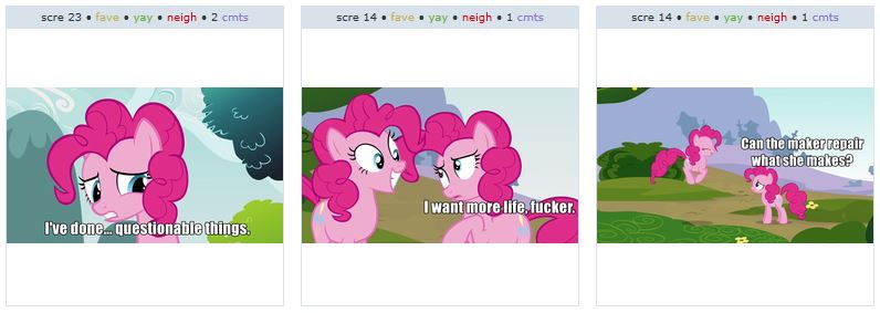 Size: 796x283 | Tagged: safe, derpibooru import, edit, edited screencap, screencap, pinkie pie, earth pony, pony, too many pinkie pies, blade runner, clone, duo, exploitable meme, female, image macro, juxtaposition, juxtaposition win, mare, multeity, pinkie clone, too much pink energy is dangerous, vulgar