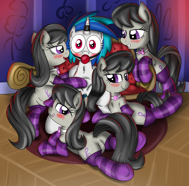 Size: 1347x1323 | Tagged: suggestive, artist:ziemniax, derpibooru import, octavia melody, vinyl scratch, ballgag, blushing, bondage, chest fluff, clones, clothes, female, gag, horn ring, image, lesbian, magic suppression, multeity, octavia is master race, png, scratchtavia, shipping, socks, socktavia, striped socks, vinylsub