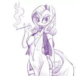 Size: 800x800 | Tagged: anthro, artist:cladz, breasts, busty rarity, choker, cigarette, cigarette holder, cleavage, clothes, derpibooru import, dress, earring, evening gloves, female, garters, rarity, sash, see-through, side slit, smoking, solo, solo female, stockings, suggestive