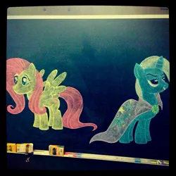 Size: 612x612 | Tagged: chalk, chalkboard, chalk drawing, derpibooru import, fluttershy, photo, safe, the hub, traditional art, trixie