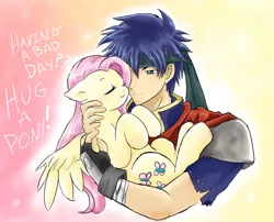 Size: 1024x826 | Tagged: safe, artist:maplesugarpone, derpibooru import, fluttershy, human, pony, blushing, crossover, cute, fire emblem, holding a pony, hug, human on pony snuggling, ike, nintendo, request, shyabetes, snuggling