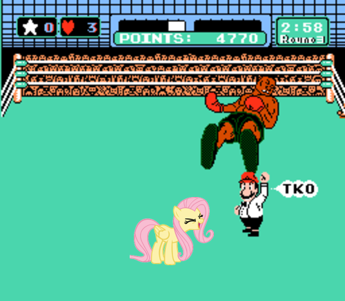 Size: 500x437 | Tagged: safe, derpibooru import, edit, fluttershy, pegasus, pony, boxing, eyes closed, female, flutteryay, knockout, mare, mario, mike tyson, nintendo, nintendo entertainment system, punch out, super mario bros., yay