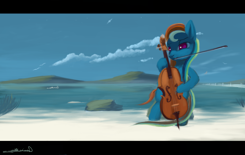 Size: 1024x648 | Tagged: safe, artist:auroriia, derpibooru import, rainbow dash, pony, seagull, beach, bipedal, cello, cloud, cloudy, female, mare, mountain, musical instrument, ocean, rock, sand, scenery, serene, signature, sky, solo, stars, wingless