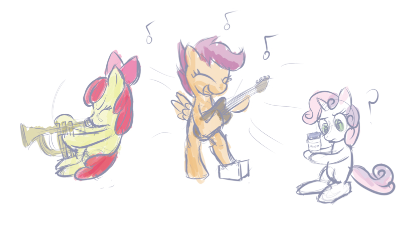 Size: 1920x1110 | Tagged: apple bloom, artist:naterrang, band geeks, cutie mark crusaders, derpibooru import, guitar, mayonnaise, music, musical instrument, safe, scootaloo, sketch, spongebob squarepants, sweetie belle, trumpet