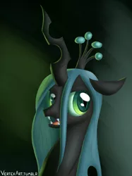 Size: 1872x2500 | Tagged: safe, artist:vertex-the-pony, derpibooru import, queen chrysalis, changeling, changeling queen, bust, fangs, female, horn, mare, open mouth, solo