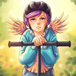 Size: 800x800 | Tagged: artist:ninjaham, clothes, cute, cutealoo, derpibooru import, helmet, human, humanized, jacket, pony coloring, safe, scootaloo, scooter, solo, winged humanization