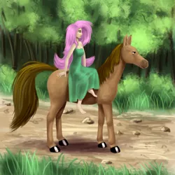 Size: 1200x1200 | Tagged: artist:fahu, barefoot, breasts, cleavage, clothes, derpibooru import, dress, feet, fluttershy, horse, humanized, humans riding horses, riding, safe, sidesaddle