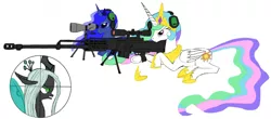 Size: 1346x594 | Tagged: safe, artist:gilgondorin, derpibooru import, princess celestia, princess luna, queen chrysalis, alicorn, changeling, pony, as50, female, gun, hooves, horn, lying down, mare, open mouth, optical sight, rifle, simple background, sniper, sniper rifle, weapon, white background, wings