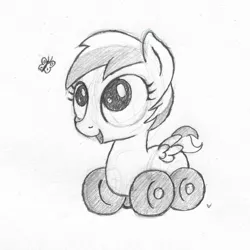 Size: 1000x1000 | Tagged: safe, artist:asai-gomen, derpibooru import, oc, oc:wheely bopper, unofficial characters only, butterfly, original species, wheelpone, cute, eyes on the prize, filly, grayscale, happy, monochrome, open mouth, sketch, smiling, solo, traditional art, younger