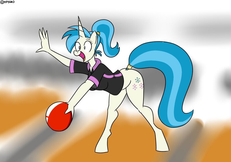 Size: 1280x896 | Tagged: questionable, artist:mofetafrombrooklyn, derpibooru import, allie way, anthro, unicorn, bottomless, bowling ball, breasts, clothes, female, nudity, solo, solo female, tail wrap