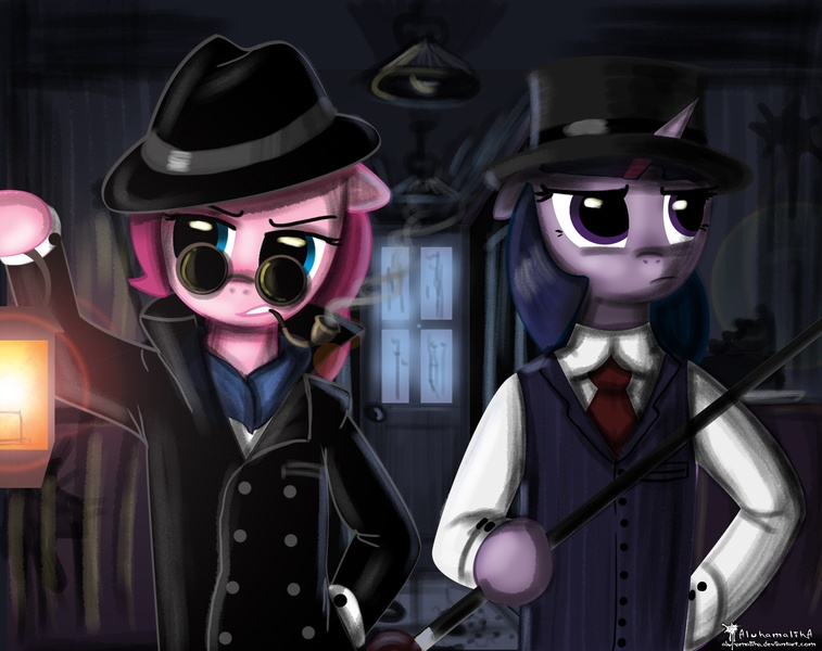 Size: 2514x1992 | Tagged: safe, artist:helenasherzblut, derpibooru import, pinkie pie, twilight sparkle, pony, bipedal, glasses, hat, lantern, pipe, smoking, top hat