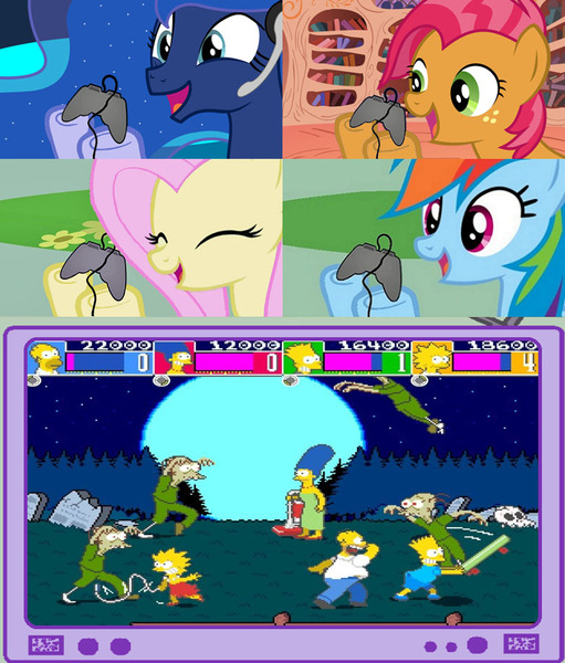 Size: 782x918 | Tagged: arcade, babs seed, derpibooru import, exploitable meme, fluttershy, gamer babs, gamerdash, gamer luna, gamer meme, gamershy, meme, princess luna, rainbow dash, safe, the simpsons, tv meme