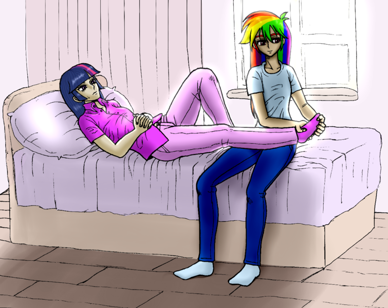 Size: 1245x990 | Tagged: safe, artist:asdf314159265, derpibooru import, rainbow dash, twilight sparkle, bed, clothes, female, foot massage, footrub, humanized, lesbian, missing shoes, socks, twidash