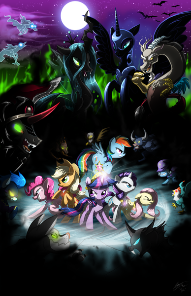 Size: 776x1200 | Tagged: safe, artist:aylastardragon, derpibooru import, applejack, discord, fluttershy, gilda, iron will, king sombra, nightmare moon, nightshade, pinkie pie, queen chrysalis, rainbow dash, rarity, rover, trixie, twilight sparkle, twilight sparkle (alicorn), alicorn, bat, changeling, cockatrice, diamond dog, gryphon, pony, timber wolf, umbrum, windigo, antagonist, badass, clothes, costume, epic, female, fight, flutterbadass, glow, mare, shadowbolts, shadowbolts (nightmare moon's minions), shadowbolts costume, stare, the stare