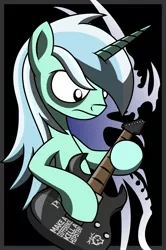 Size: 1438x2162 | Tagged: safe, artist:friendshipismetal777, derpibooru import, lyra heartstrings, pony, unicorn, bipedal, death metal, electric guitar, eyeshadow, first fragment, frown, guitar, makeup, metal, musical instrument, reference, solo