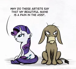 Size: 640x586 | Tagged: safe, artist:el-yeguero, derpibooru import, cranky doodle donkey, rarity, donkey, pony, unicorn, duo, pun, simple background, white background