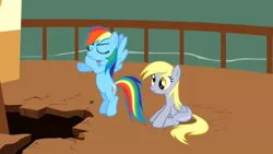 Size: 640x360 | Tagged: safe, derpibooru import, screencap, derpy hooves, rainbow dash, pegasus, pony, the last roundup, angry, female, flying, hole, mare, sitting, town hall