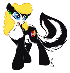 Size: 876x912 | Tagged: artist:littletiger488, derpibooru import, mastercard, oc, oc:meredith, original species, safe, skunk, skunk pony, solo, unofficial characters only