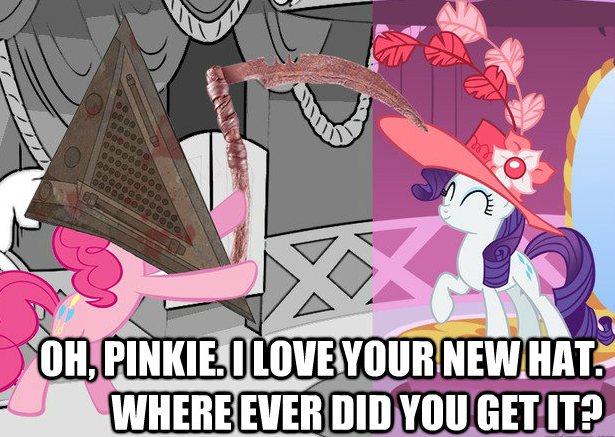 Size: 615x437 | Tagged: safe, derpibooru import, pinkie pie, rarity, hat, image macro, konami, pyramid head, scythe, silent hill