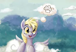 Size: 1021x700 | Tagged: safe, artist:kraden, derpibooru import, derpy hooves, pegasus, pony, female, mare, muffin, solo, thought bubble