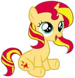 Size: 965x999 | Tagged: dead source, safe, artist:fluttershy-7, derpibooru import, sunset shimmer, pony, unicorn, cute, filly, filly sunset shimmer, happy, open mouth, shimmerbetes, simple background, sitting, solo, transparent background, vector, younger