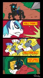Size: 1166x2103 | Tagged: semi-grimdark, artist:mr-samson, derpibooru import, shining armor, oc, oc:amora, changeling, hybrid, nymph, pony, unicorn, angry, armor, bed, blood, comic, eyes closed, female, frown, glare, green blood, gritted teeth, hug, image, imminent death, implied death, implied genocide, interspecies offspring, jpeg, male, offspring, open mouth, parent:queen chrysalis, parent:shining armor, parents:shining chrysalis, plushie, quadrupedal, royal guard, scared, side, sleeping, spear, stallion, sweat, sweatdrop, text, weapon
