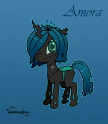 Size: 826x946 | Tagged: artist:mr-samson, blue background, changeling, derpibooru import, female, hybrid, interspecies offspring, oc, oc:amora, offspring, parent:queen chrysalis, parent:shining armor, parents:shining chrysalis, quadrupedal, safe, simple background, solo, unofficial characters only