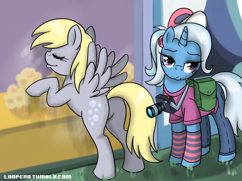 Size: 1250x938 | Tagged: safe, artist:pijinpyon, derpibooru import, derpy hooves, trixie, pegasus, pony, against glass, alternate hairstyle, baseball cap, camera, clothes, female, hat, jeans, leg warmers, mare, muffin, plot, ponytail, that pony sure does love muffins