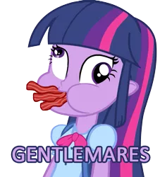 Size: 639x705 | Tagged: safe, artist:tiarawhy, derpibooru import, edit, twilight sparkle, equestria girls, equestria girls (movie), bacon, derp, gentlemen, image macro, omnivore twilight, simple background, solo, team fortress 2, transparent background